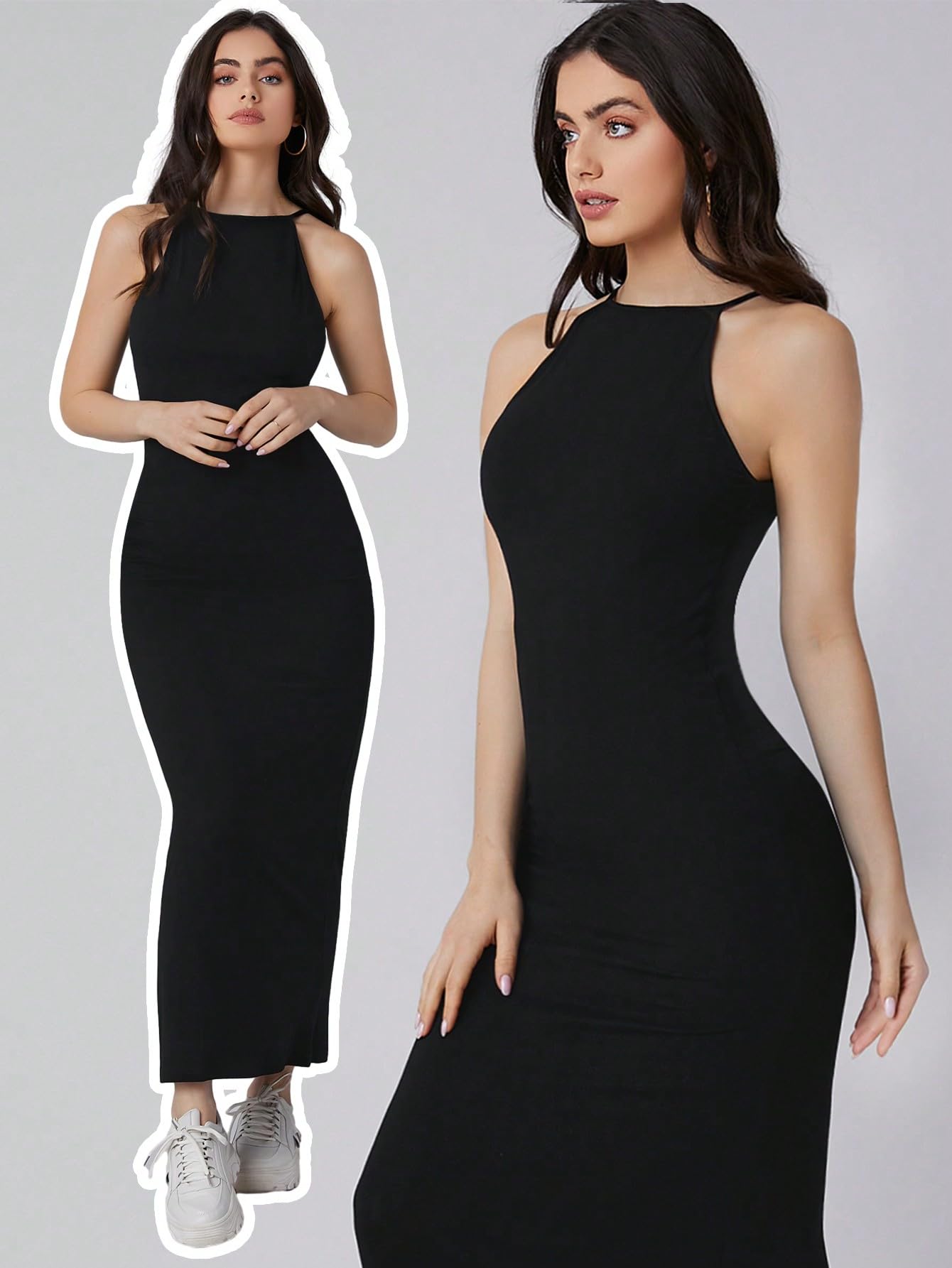 Aahwan Black Solid Halter Neck Solid Bodycon Midi Dress for Women's & Girl's (303-Black-S)
