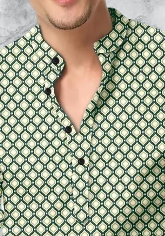 Men’s Green & Cream Printed Cotton Casual Shirt – Full Sleeves, Spread Collar, Festive & Everyday Wear