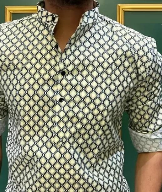 Men’s Green & Cream Printed Cotton Casual Shirt – Full Sleeves, Spread Collar, Festive & Everyday Wear