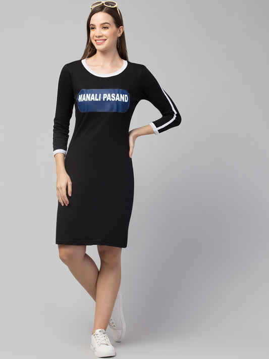 Women's Cotton Black Graphic Print Short Sleeves T-Shirt Dress