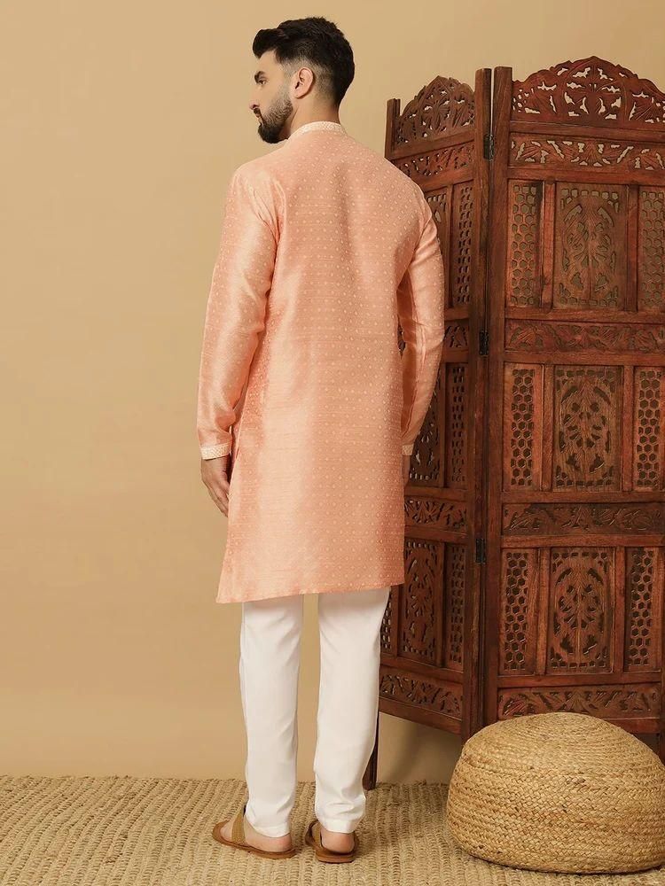 Men's Jacquard Solid Beige Kurta Pyajama Set
