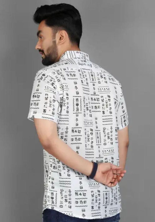 Men’s White & Black Cotton Printed Casual Shirt – Half Sleeves, Spread Collar, Stylish Daily Wear Shirt