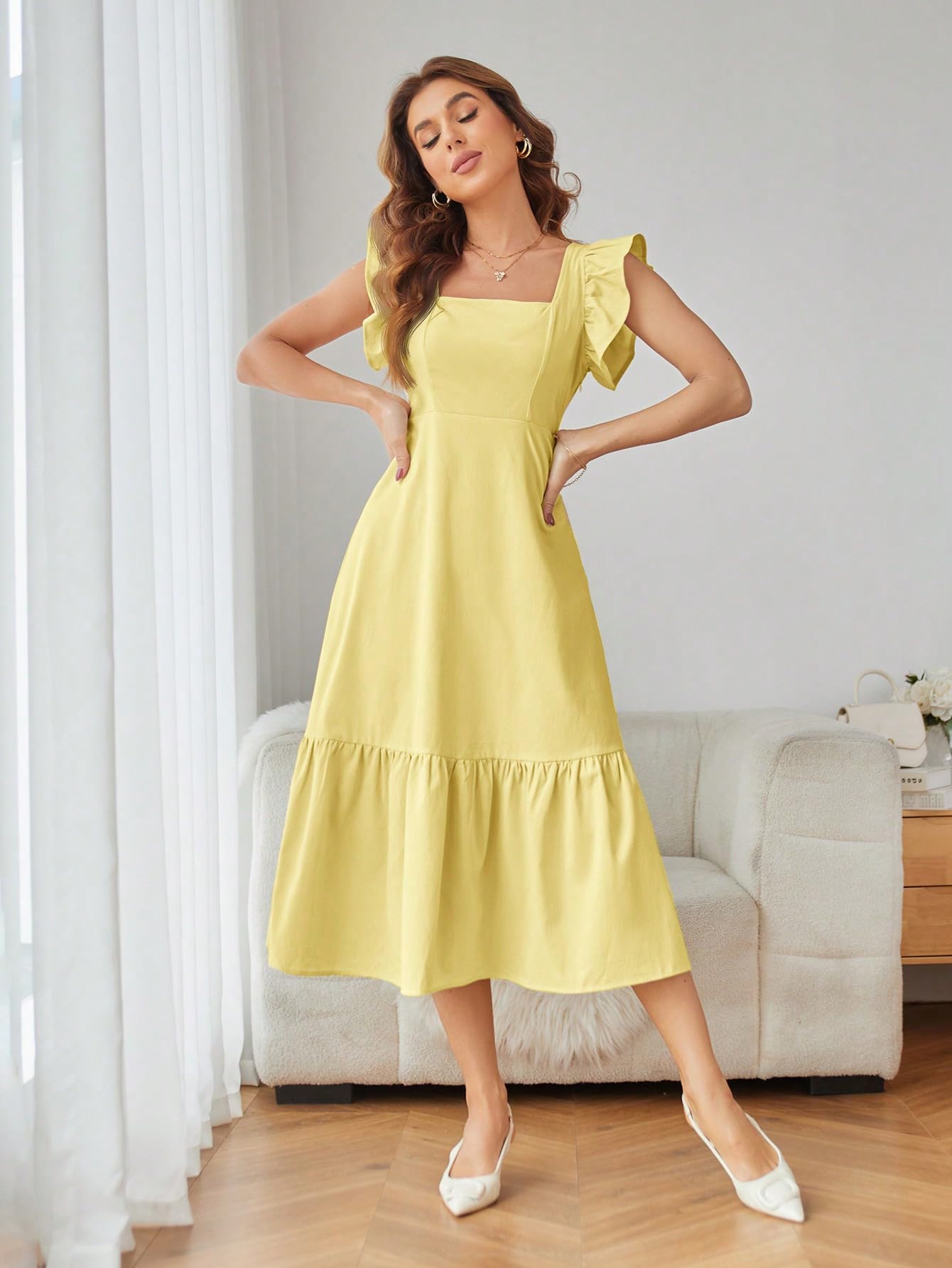 Shasmi Girl's & Women's Solid Yellow Color Square Neck, Ruffle-Trimmed Hem Sleeveless, Ruffle Armhole and Casual Dress with Cinched Waist Vacation Outfits Woman (Dress 162 Yellow-M)