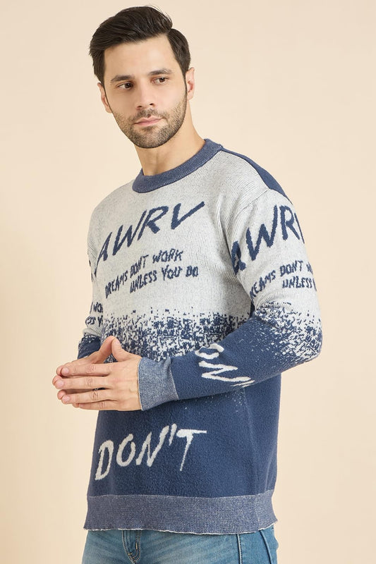 Men's Round Neck Full Sleeve Woolen Knitted Pullover Blue and White Sweater - Stylish Casual Winter Wear