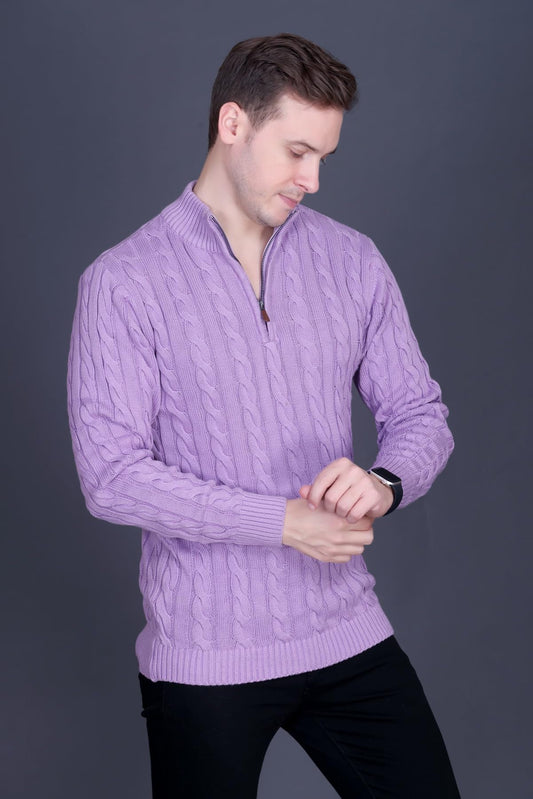 Men's Polo Neck Full Sleeve Half Zipper Woolen Knitted Pullover Lavender Sweater - Elegant Stylish Bright Winter Wear