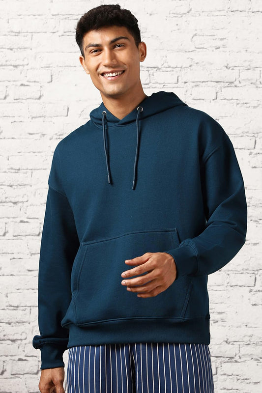 Men's Cotton Neck Hooded Oversized Fit Navy Blue Sweatshirt