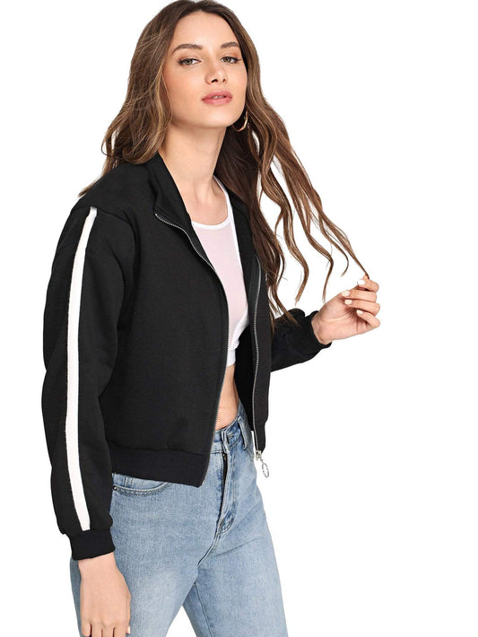 Women's Fleece Collared Neck Full Zip Black Sweatshirt - Casual Strreetwear White Stripe on Sleeves