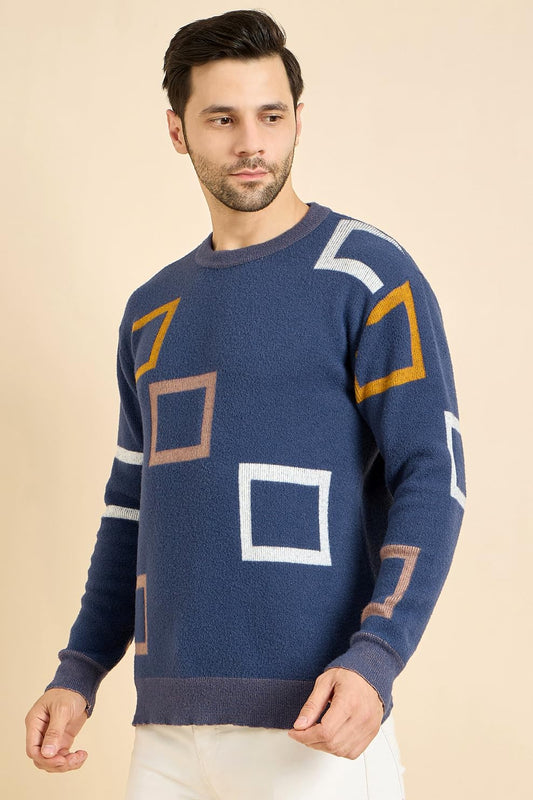 Men's Round Neck Full Sleeve Woolen Knitted Pullover Printed Blue Sweaters - Stylish Casual Urban City Winter Wear