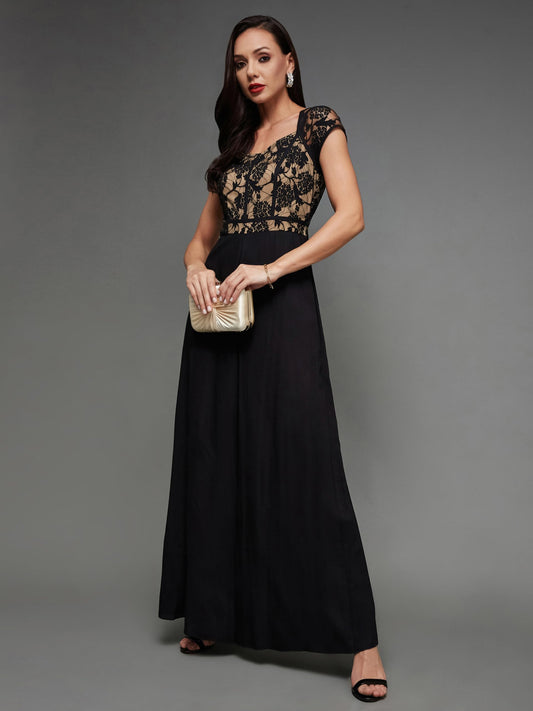 Miss Chase Women's Sweetheart Neck Raglan Sleeve Floral Lace Overlaid Viscose-Rayon Regular Length Jumpsuit (MCSS23D15-69-62-04, Black)