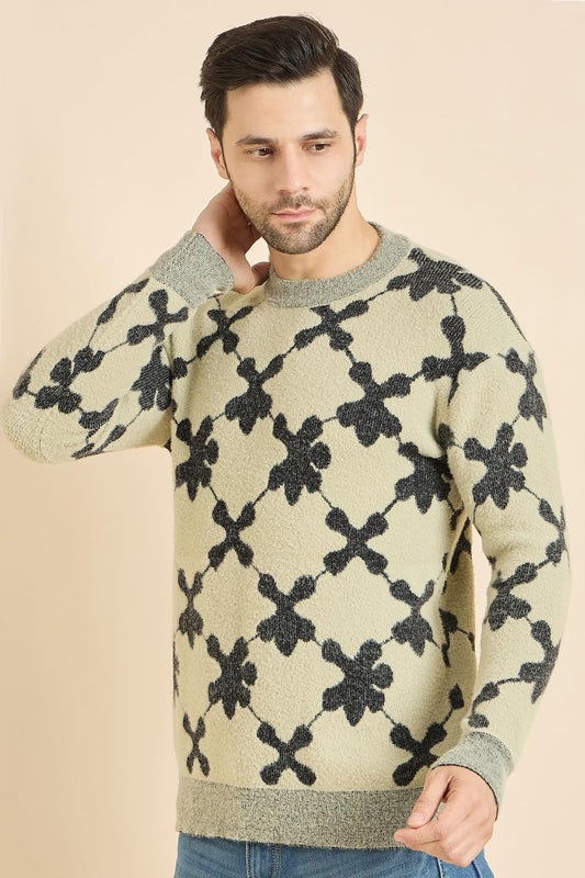 Men's Round Neck Full Sleeve Woolen Knitted Block Patterned Pullover Sweaters - Stylish Casual Urban City Winter Wear