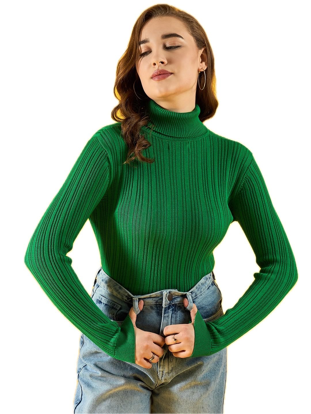 Women's Acrylic Turtle Neck Full Sleeve & Straight Hem Green Sweater