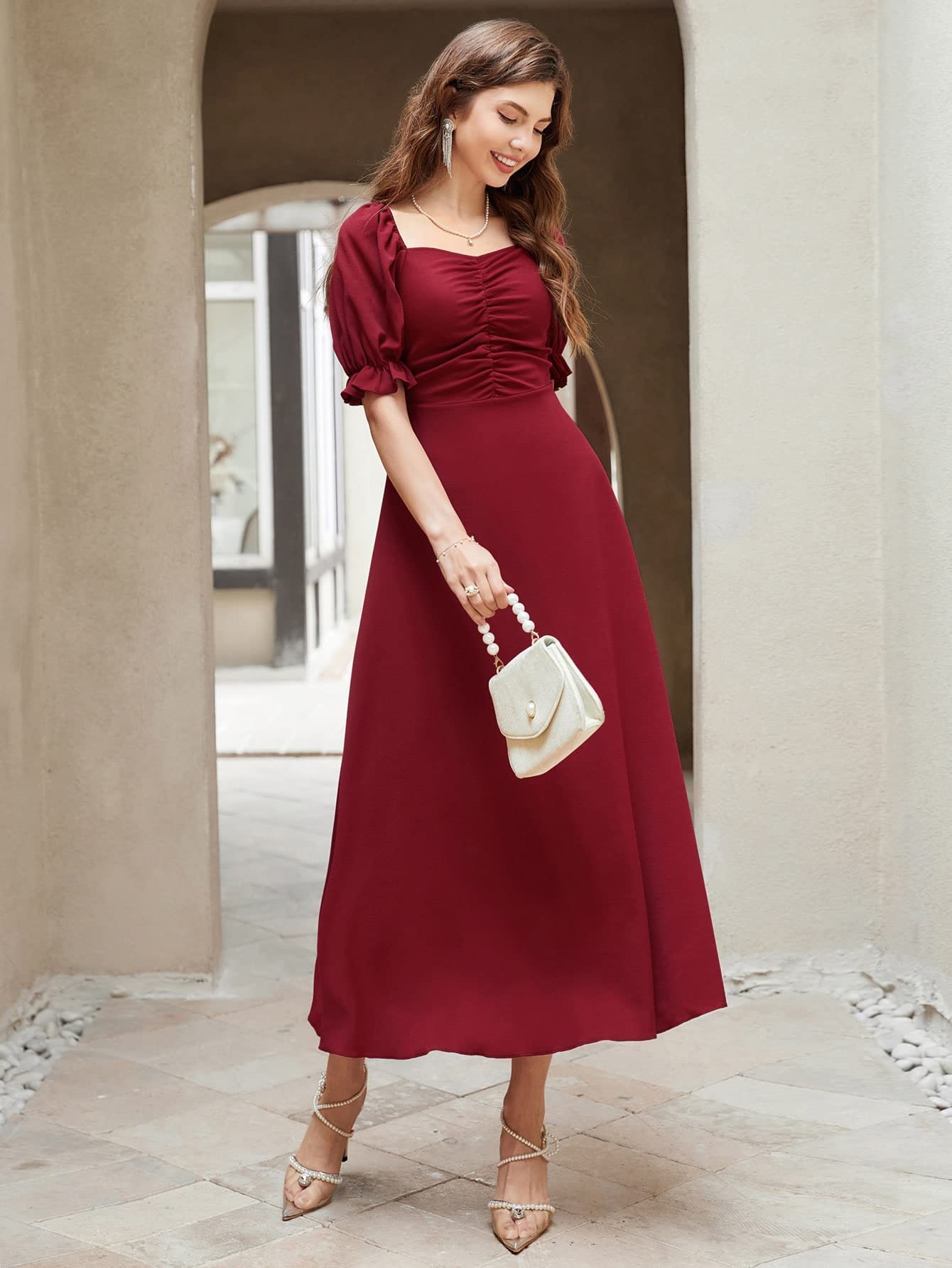 Shasmi Girl's & Women's Solid Maroon A-Line Ruched Puff Sleeve Maxi Long Evening One Piece Long Dress for Women Stylish (Dress 131 Maroon-M)