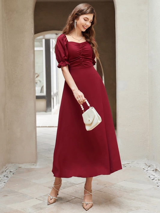 Shasmi Girl's & Women's Solid Maroon A-Line Ruched Puff Sleeve Maxi Long Evening One Piece Long Dress for Women Stylish (Dress 131 Maroon)