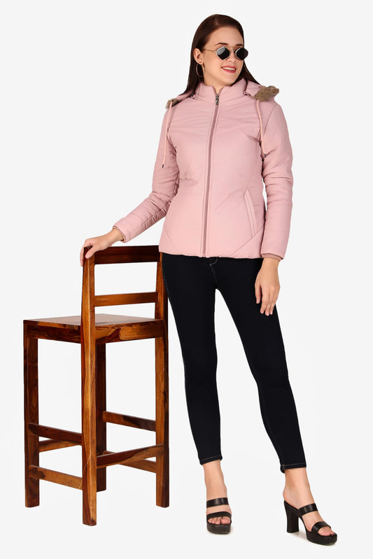 Women’s Peach Hooded Puffer Bomber Jacket | Regular Fit, Insulated Winter Casual Wear