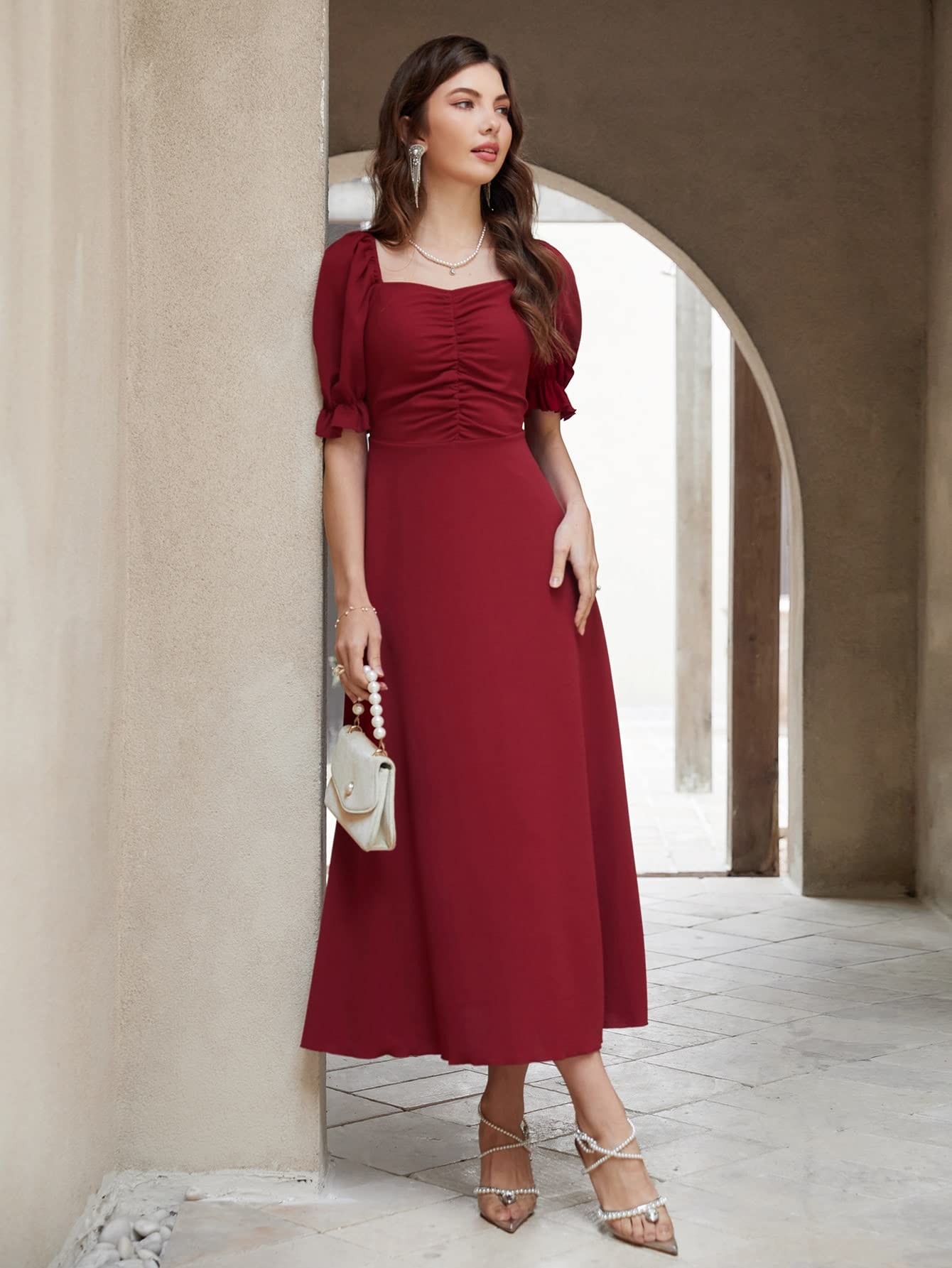 Shasmi Girl's & Women's Solid Maroon A-Line Ruched Puff Sleeve Maxi Long Evening One Piece Long Dress for Women Stylish (Dress 131 Maroon-M)
