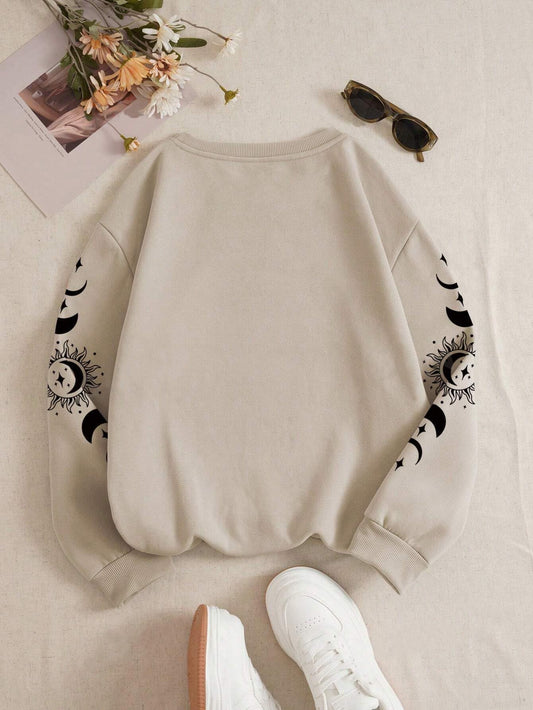 Women's Comfort Fit Sun & Moon Print Beige Sweatshirt - Stylish Casual Winter Wear