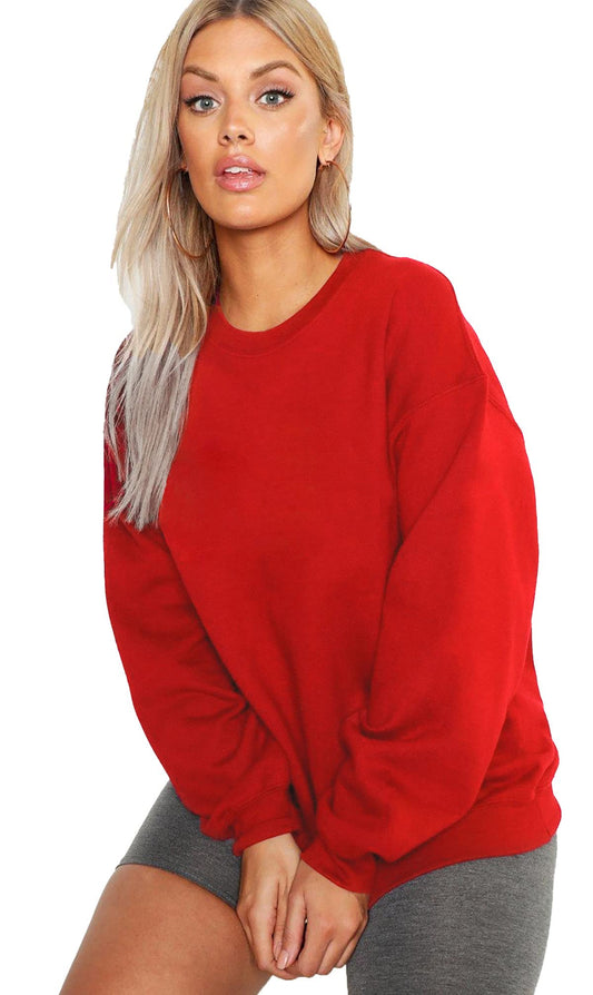 Women's Loop Knit Round Neck Oversized Loose Fit Red Sweatshirt
