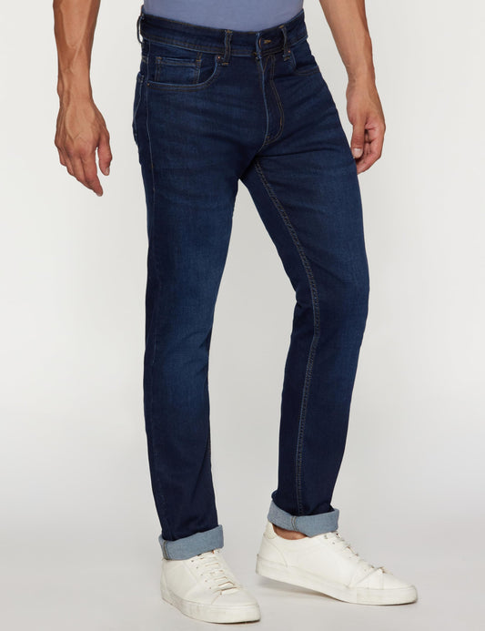 Peter England Men's Classic Tapered Stretchable Mid Rise Twill Jeans Dark Blue