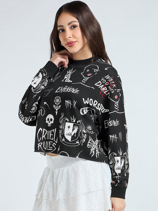 Women's All Over Printed Oversized Fit Full Sleeve Round Neck Cotton Blend Black Sweatshirt - Official Disney Merchandise Cruella