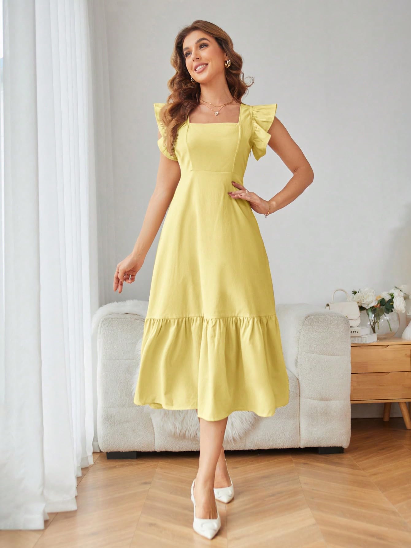 Shasmi Girl's & Women's Solid Yellow Color Square Neck, Ruffle-Trimmed Hem Sleeveless, Ruffle Armhole and Casual Dress with Cinched Waist Vacation Outfits Woman (Dress 162 Yellow-M)