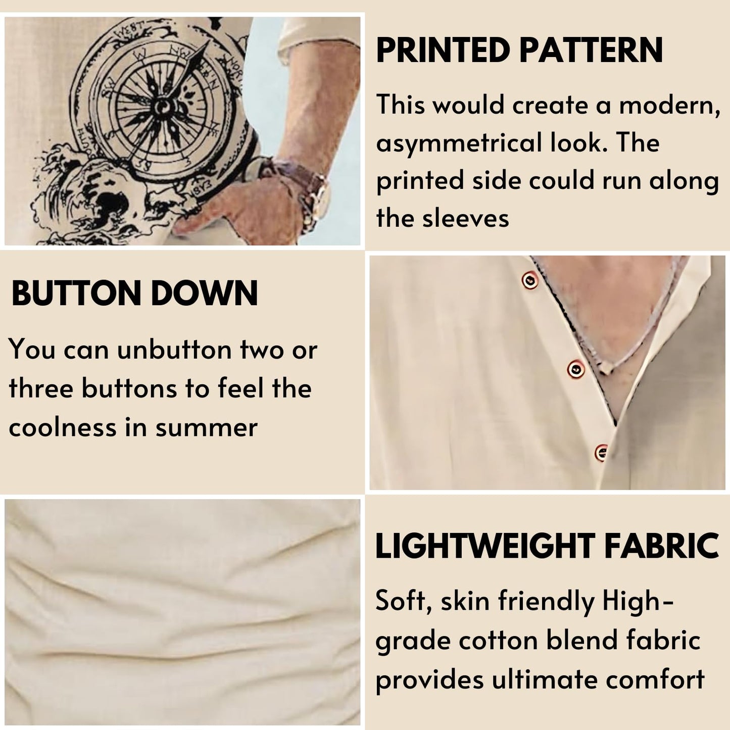 DEELMO Men's Cotton Blend Mandarin Collar Regular Fit Full Sleeve Casual Short Kurta, Beige