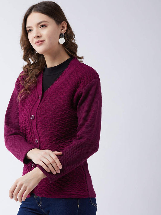Women's Self Design V Neck Casual Winter Sweater Cardigan