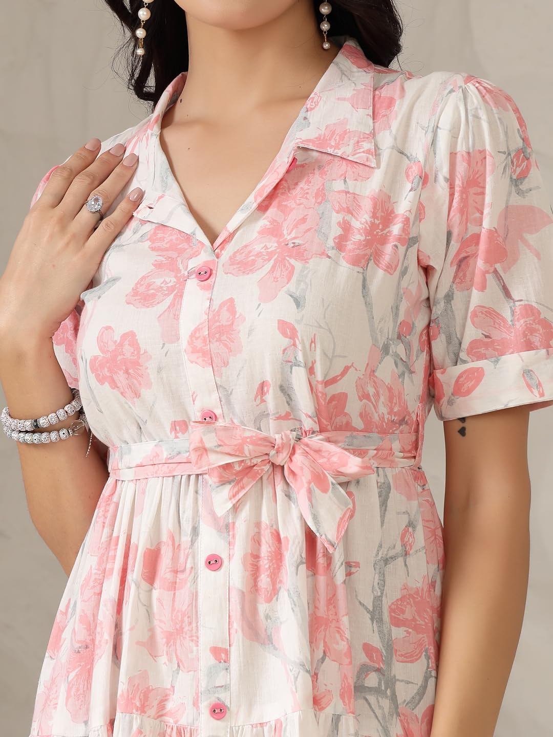 Stylum Women's Pestal Pink Floral Printed Cotton Flared Dress (DRSPINKKINNU_Baby Pink) (in, Alpha, M, Regular)