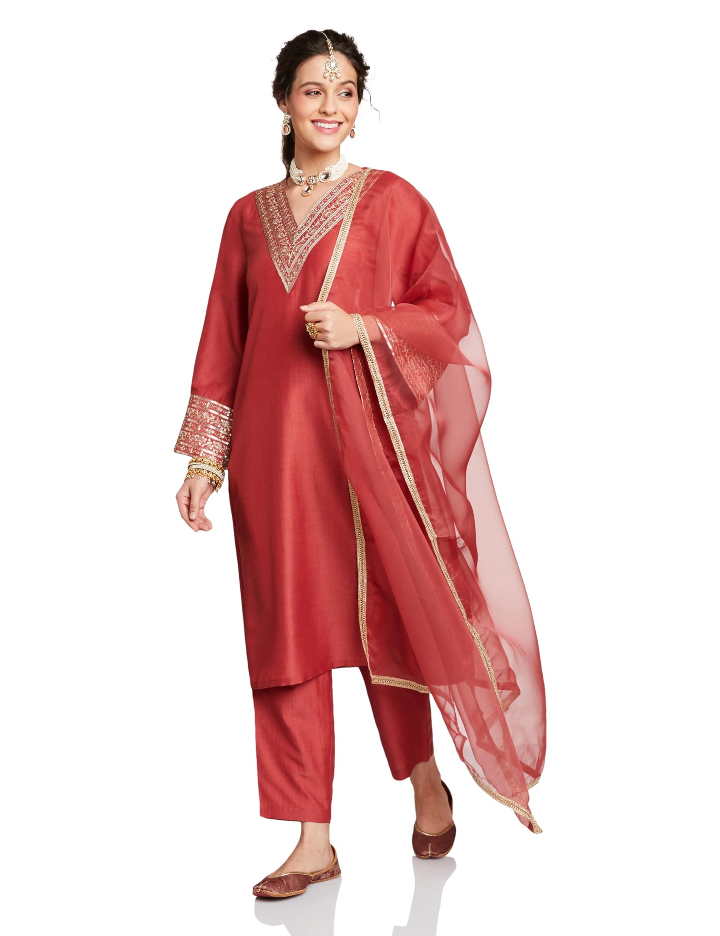 Amazon Brand - Myx Women's Embroidered Pakistani Suit Set with Organza Dupatta - Rust