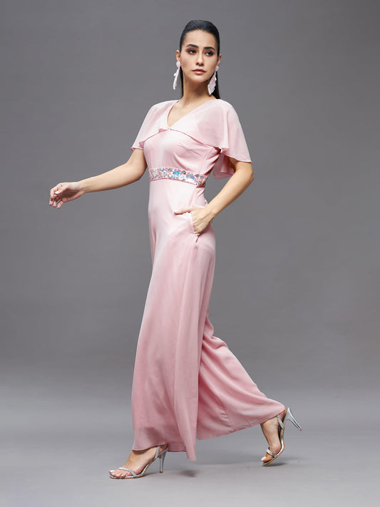 Miss Chase Women's Georgette V-Neck Cape Solid Layered Regular Jumpsuit (MCSS23D15-61-157-04, Light Pink)