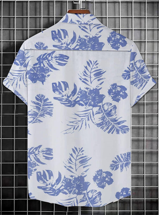 Men’s White & Navy Blue Cotton Printed Casual Shirt – Half Sleeves, Regular Collar, Stylish Everyday Wear