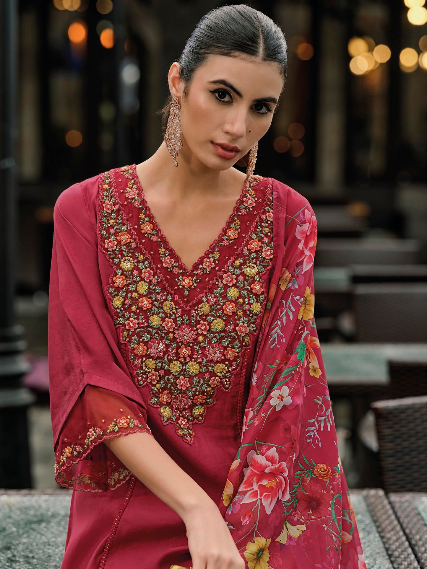 INDO ERA Women's Red Embroidered Silk Blend A-Line Kurta Trouser with Dupatta Set (Ieout7377_Xx-Large, Regular Fit)