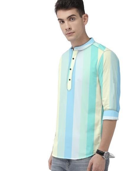 Men’s Multicolor Cotton Color Block Shirt – Full Sleeves, Mandarin Spread Collar, Casual & Festive Wear