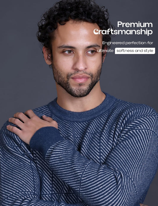 Men's Round Neck Full Sleeves Woolen Knitted Pullover Airforce Blue Sweaters - Bold Stylish Winter Wear