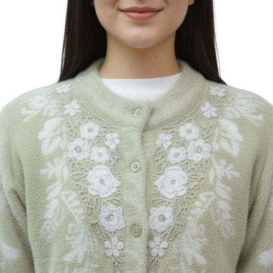 Women's Woolen Sweater for Winter, Stylish Round Neck Cardigan Sweater, Pure Wool Sweater Fully Warm with Front Buttoned Cardigan Light Green