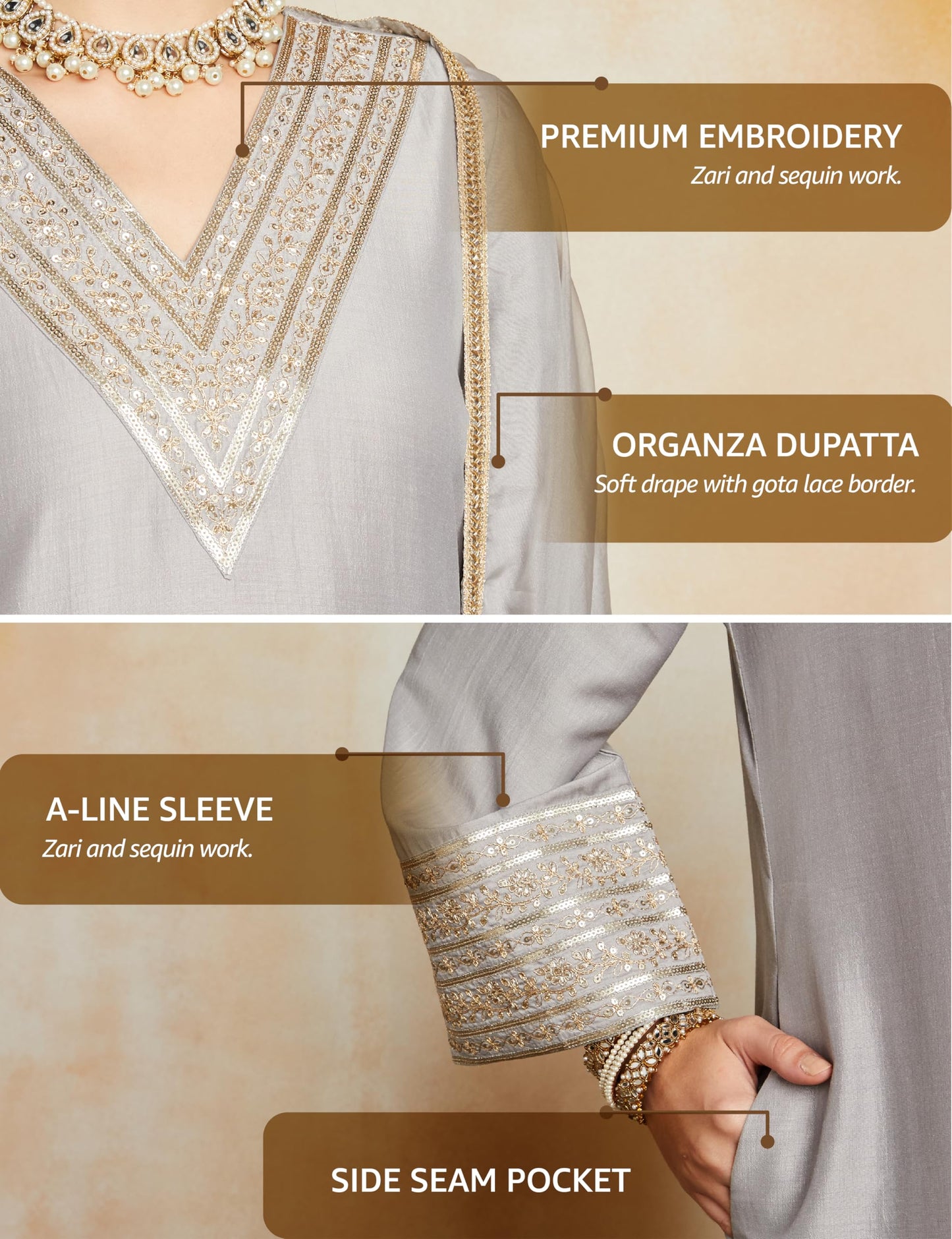 Amazon Brand - Myx Women's Embroidered Pakistani Suit Set with Organza Dupatta - Grey