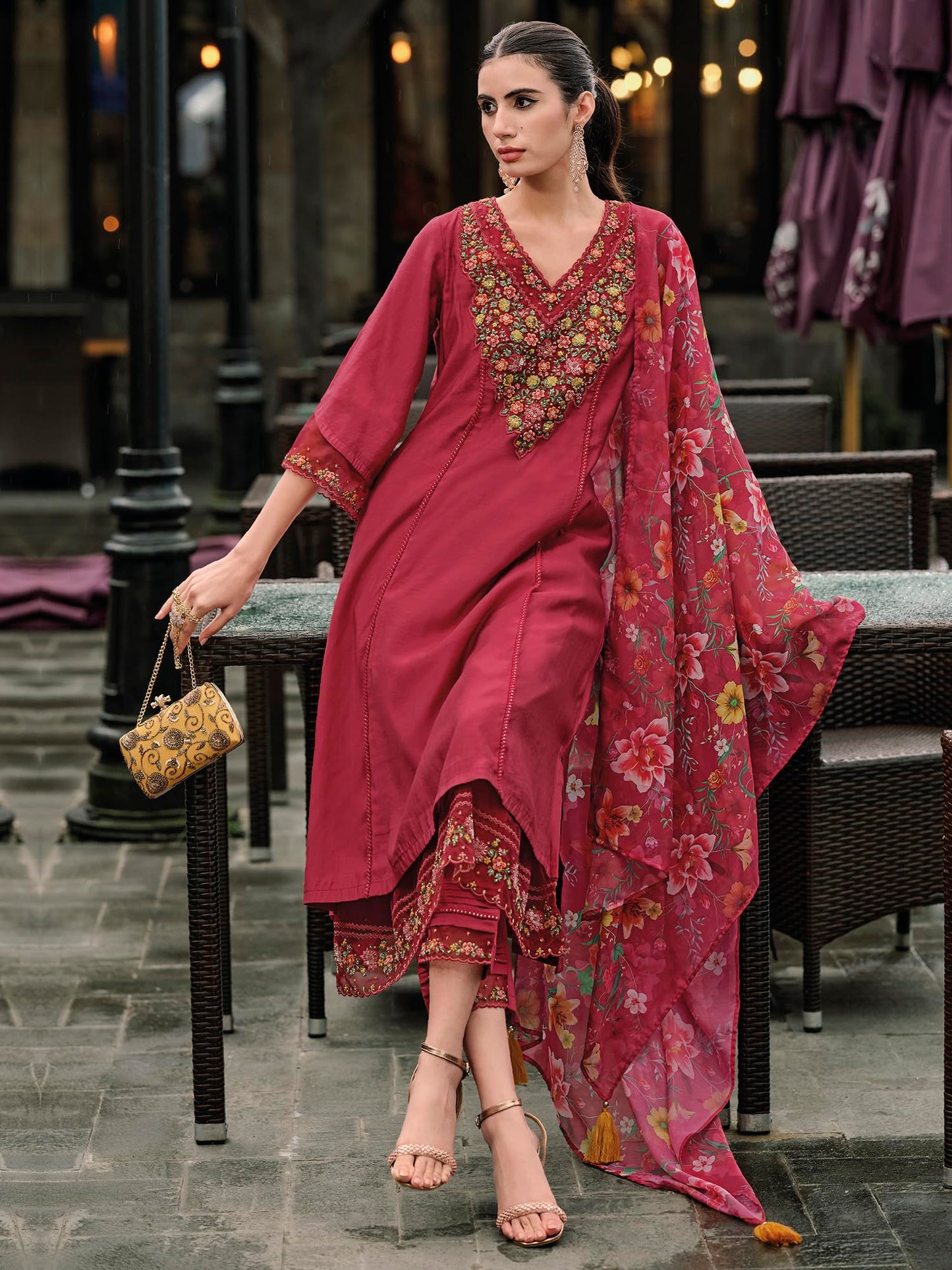 INDO ERA Women's Red Embroidered Silk Blend A-Line Kurta Trouser with Dupatta Set (Ieout7377_Xx-Large, Regular Fit)