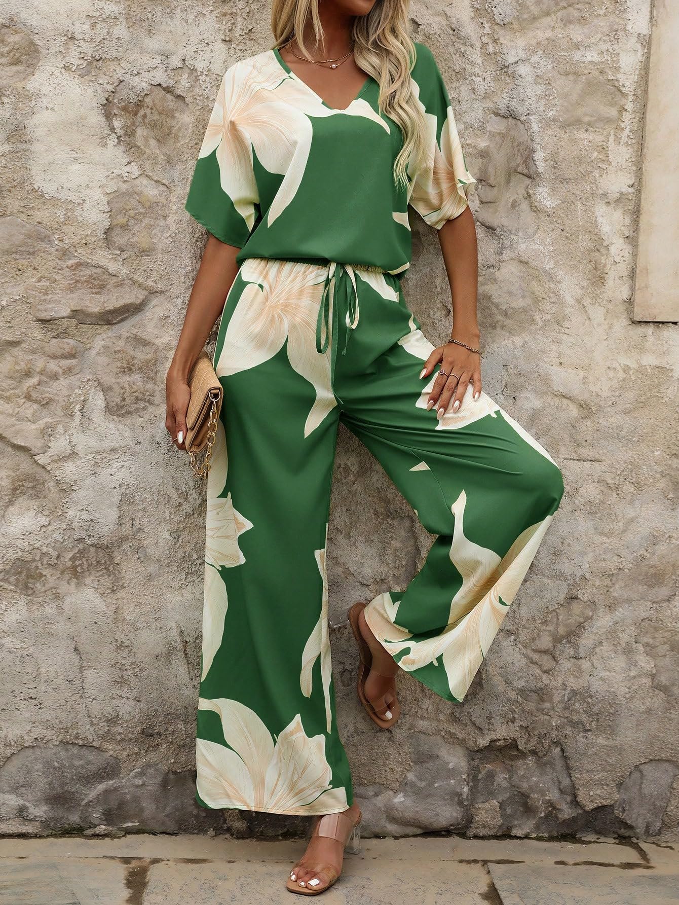 Shasmi Women's Casual Elegant Green Floral Printed Batwing V-Neck Blouse, Sleeve Shirt, Wide Long Pants for Ladies 2pcs/Set, Spring Outfits For Women (Co-Ods 189 Green)
