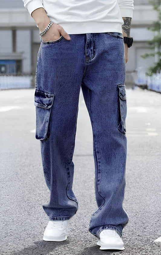 Ben Martin Men's High Rise Stretchable Baggy Loose Fit Oversized Wide Leg Box Roomy Pocket Casual Regular Wear Denim Dark Blue Cargo Jeans