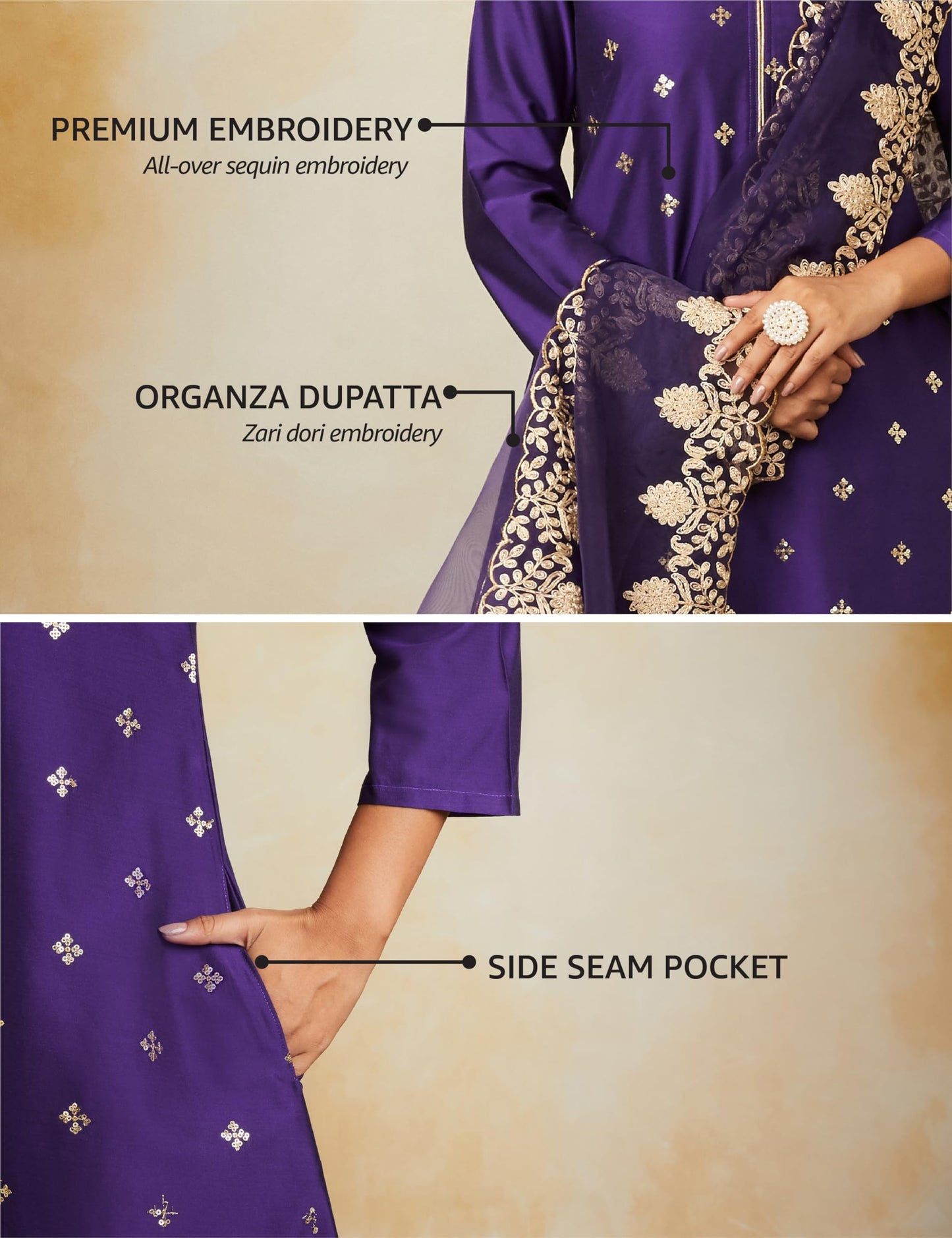 Amazon Brand - Myx Women's Kurta Pant Set with Embroidered Organza Dupatta | Viscose,Rayon | A-line fit (AW24-MYX-SKD-VN-07_Deep Purple_M)