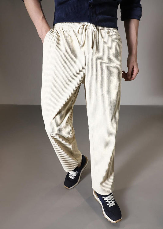Men’s Light Khaki Corduroy Casual Trousers – Solid Ribbed Pants for Streetwear & Everyday Wear