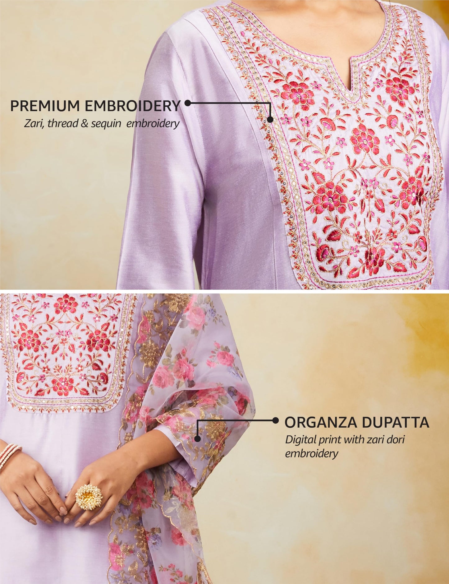 Amazon Brand - Myx Women's Kurta Pant Set with Embroidered Organza Dupatta | Viscose,Rayon | A-line fit (AW24-MYX-SKD-VN-06_Lilac_L)