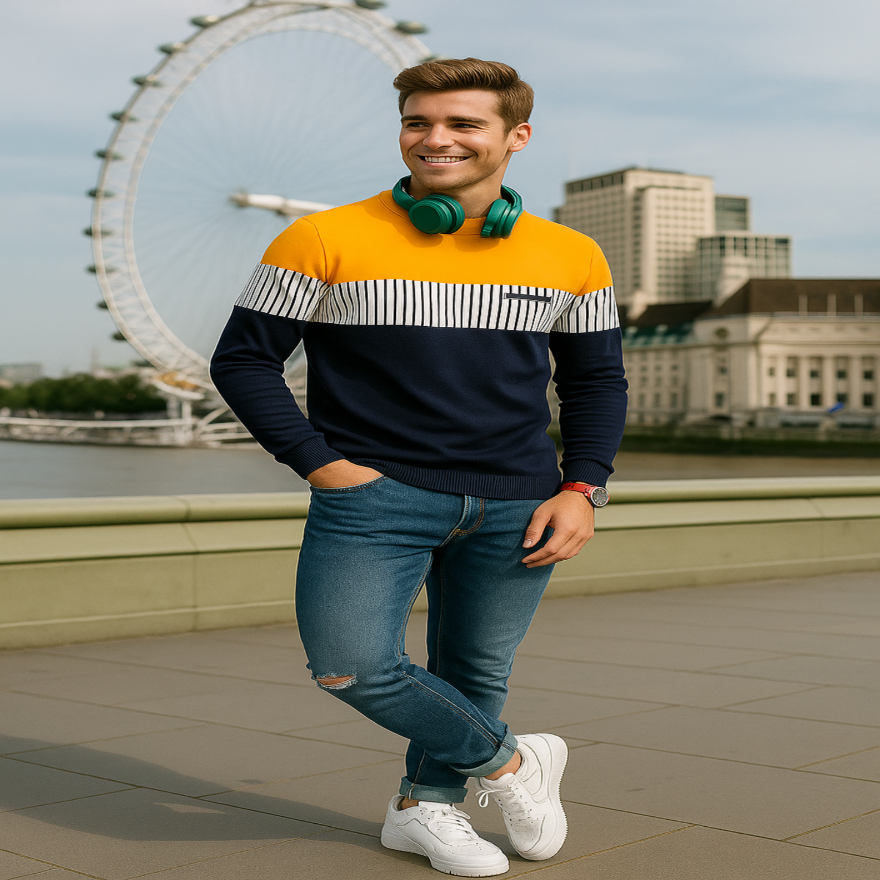 Men’s Yellow & Blue Color Block Full Sleeves T-Shirt | Cotton Blend Streetwear Casual Tee