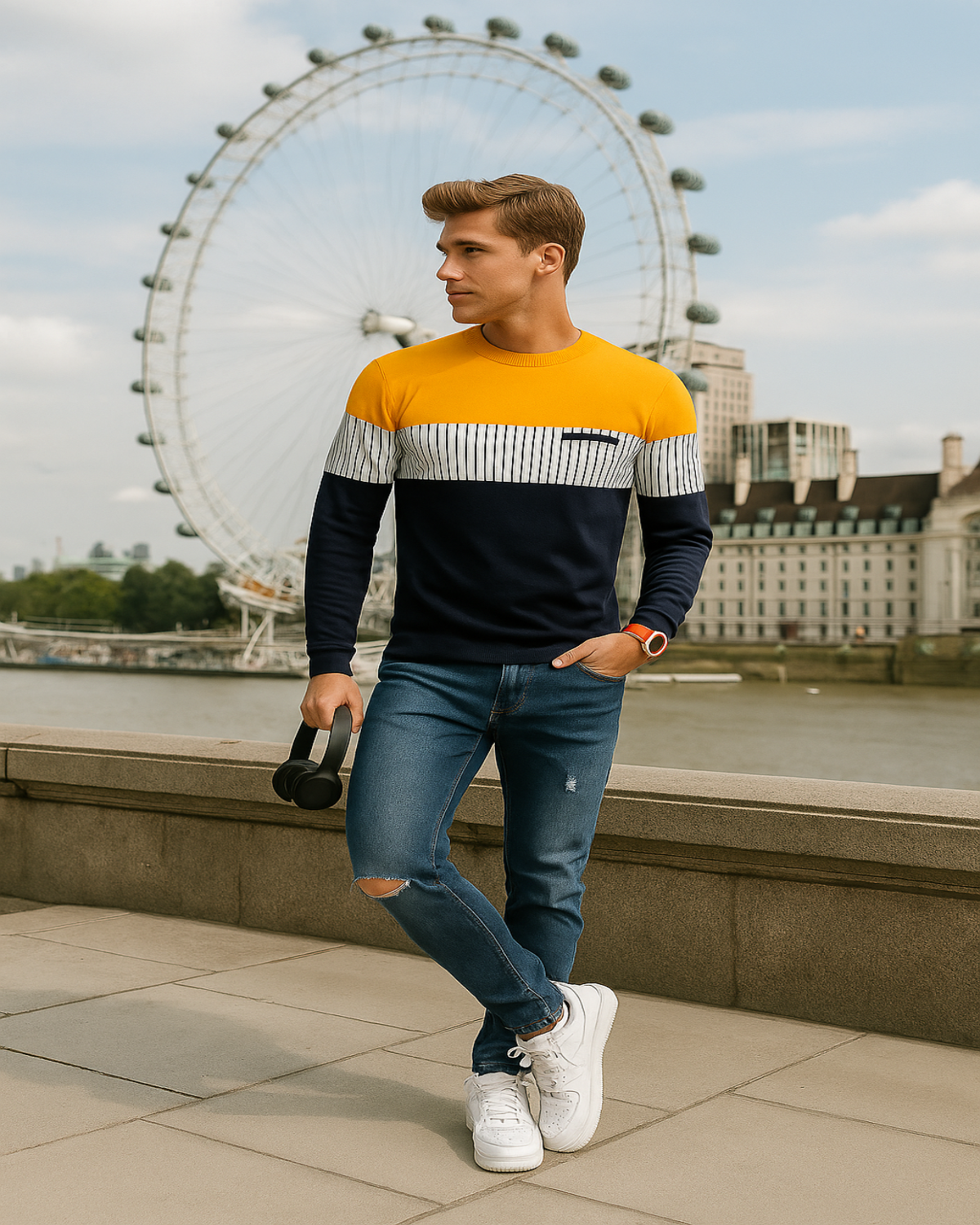 Men’s Yellow & Blue Color Block Full Sleeves T-Shirt | Cotton Blend Streetwear Casual Tee