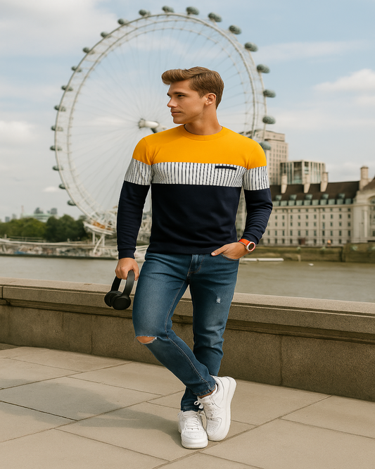 Men’s Yellow & Blue Color Block Full Sleeves T-Shirt | Cotton Blend Streetwear Casual Tee