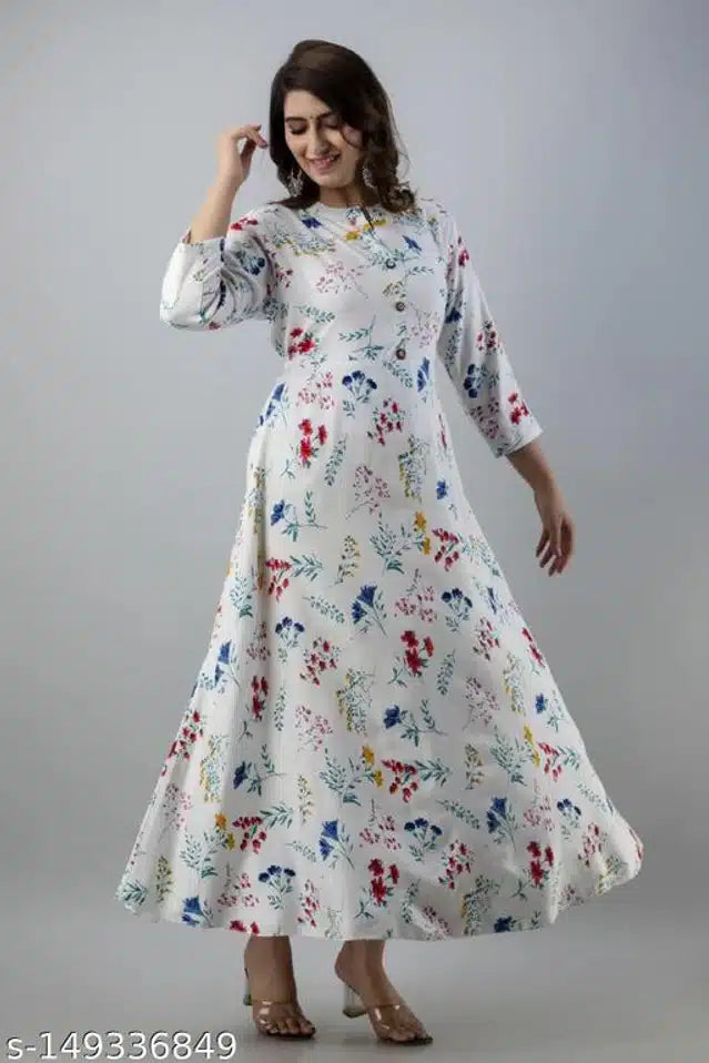 Women Printed Anarkali Rayon Kurti in White & Blue