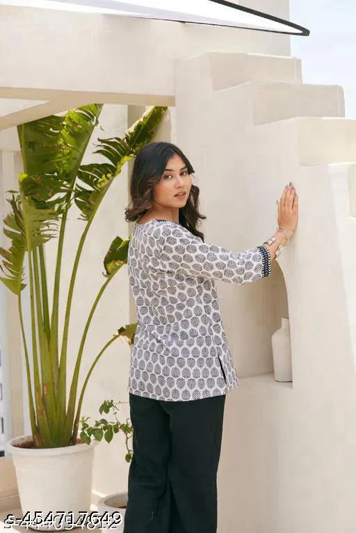 Women White Multicolor Hand Block Print Cotton Kurti