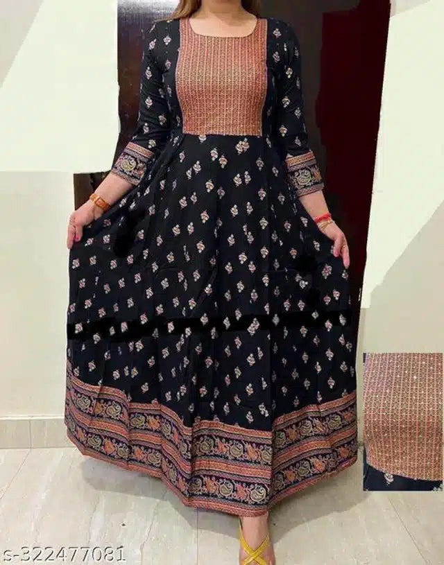 Women Janki Anarkali Printed Black Rayon Festive Jaipuri Kurti
