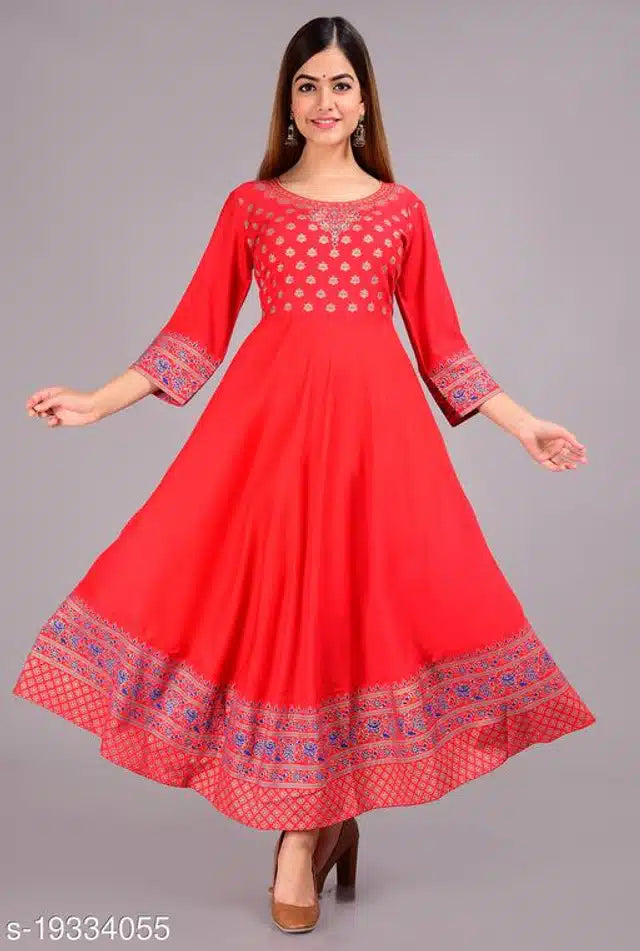 Women Printed Rayon Anarkali Red Kurti