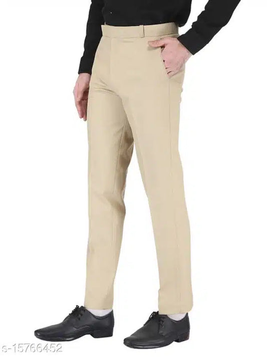 Men's Cream Blended Cotton Formal Trousers