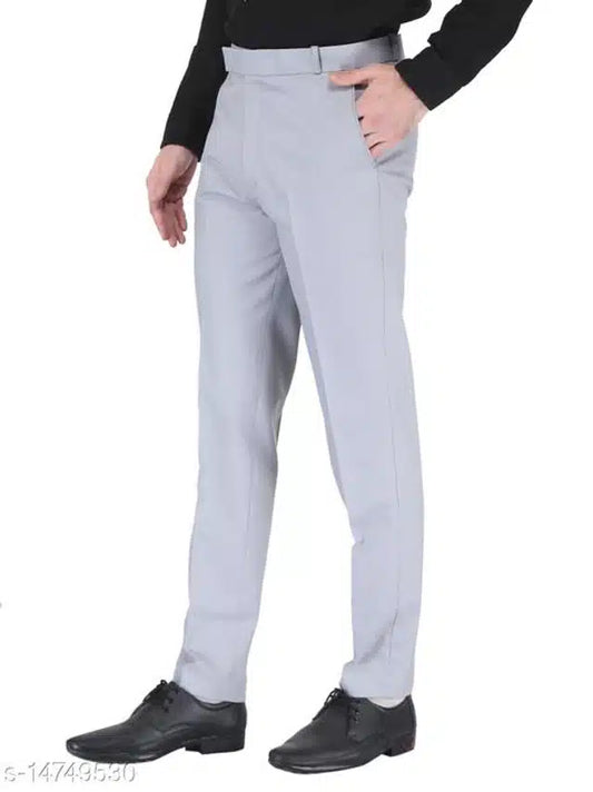 Men's Grey Cotton Blend Formal Trousers